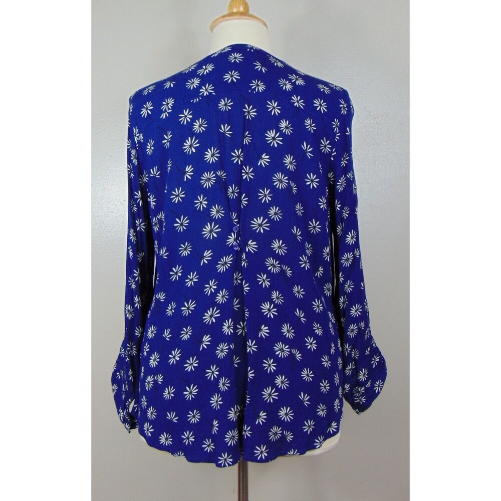 Market & Spruce Blue Floral V-Neck Blouse top Women's 1x Roll Tab Flowy Ditsy - Picture 6 of 9